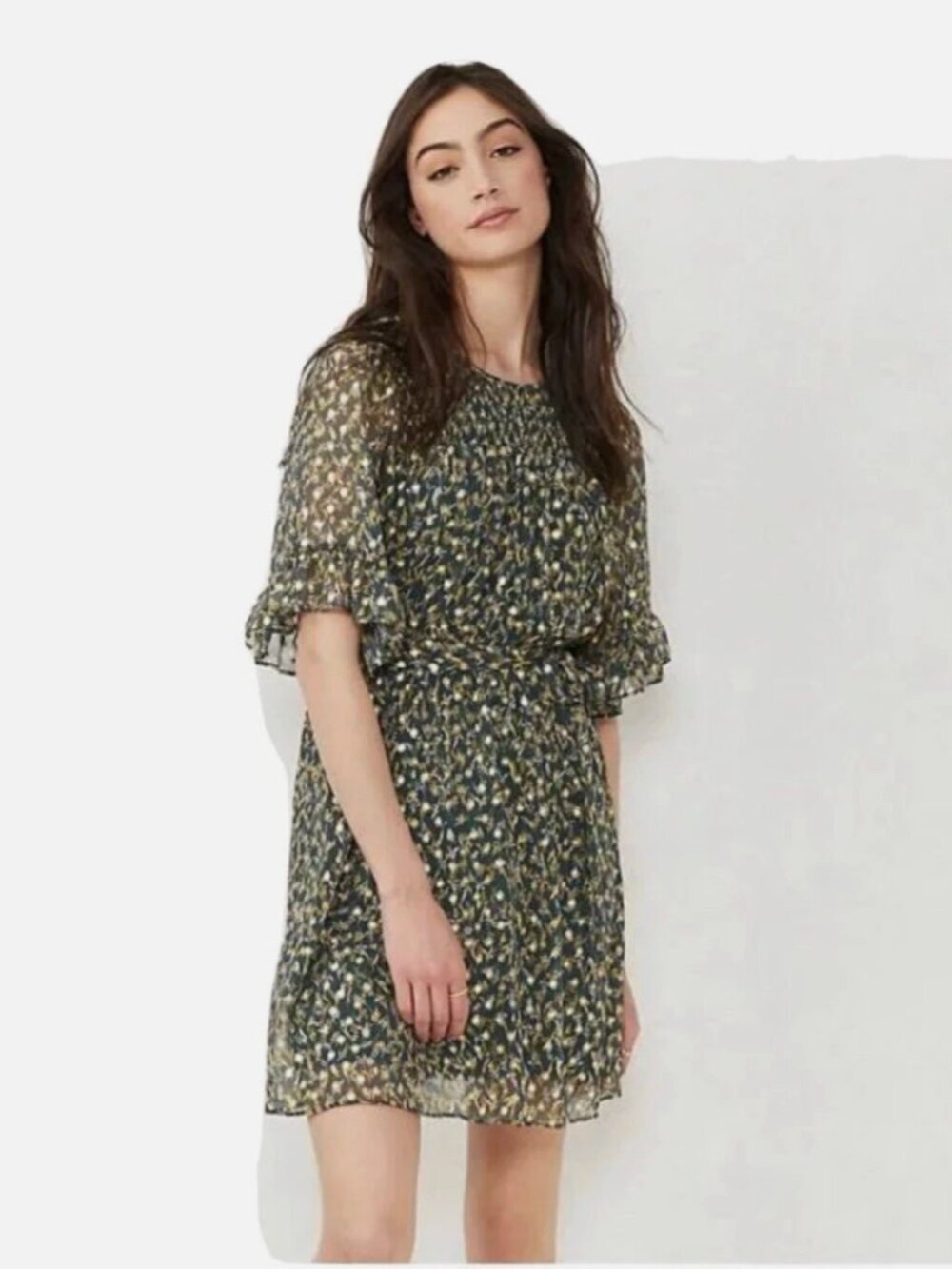 LC Lauren Conrad Green Gold Chiffon Polyester Lined Smocked Babydoll Dress Sz L